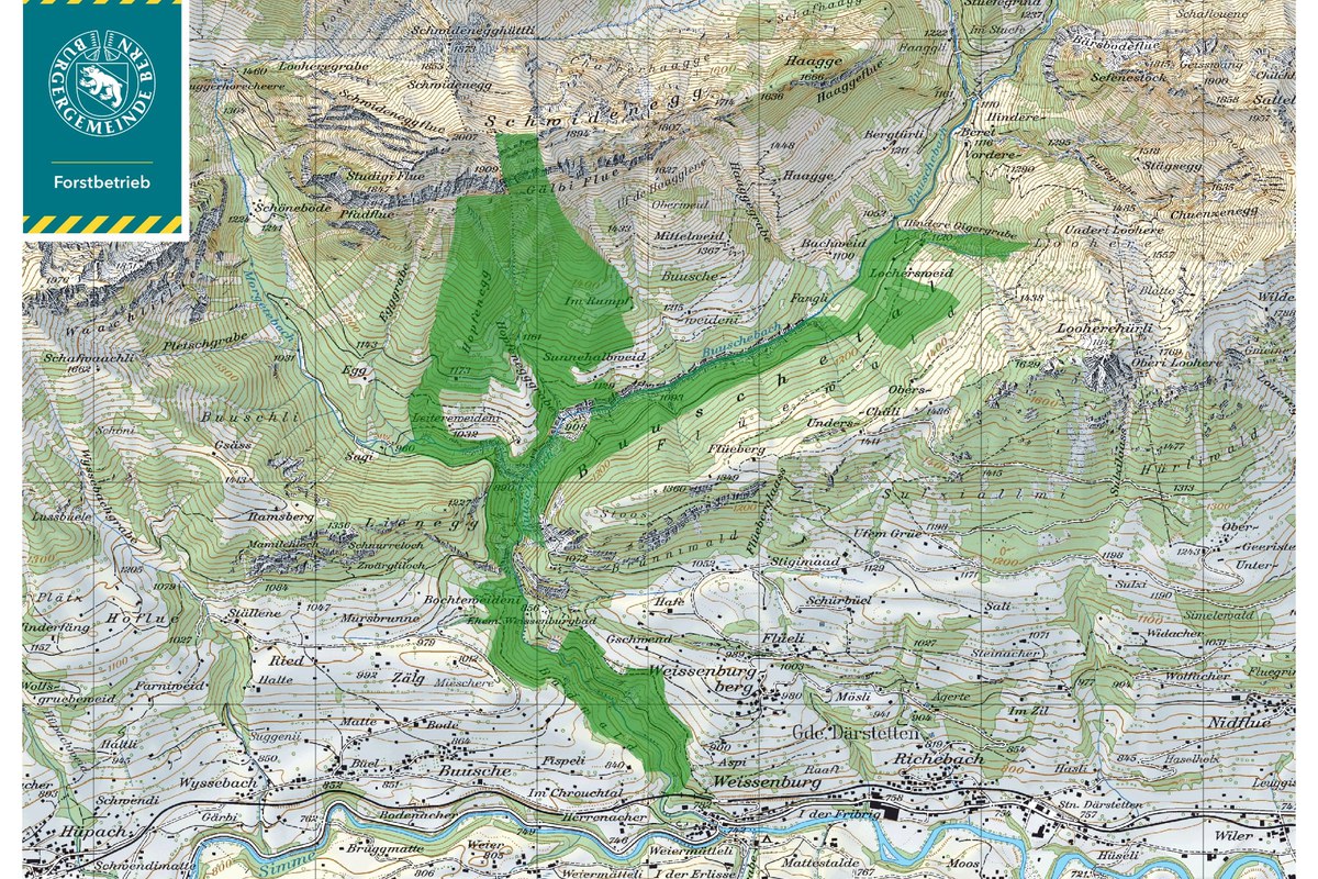 Waldgebiet der Burgergemeinde in Därstetten (Datenquelle Swisstopo). Vergrösserte Ansicht