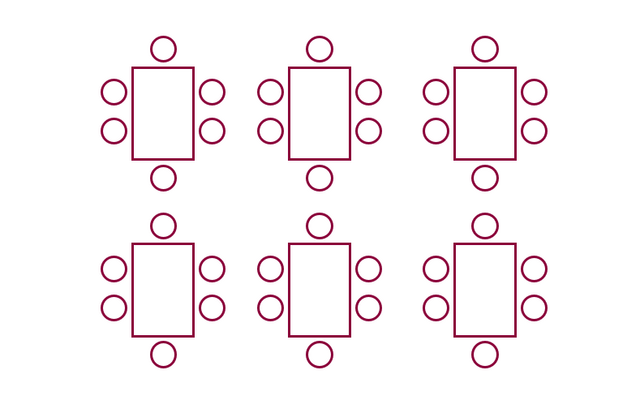 Grafische Darstellung mehrerer Gruppentische mit je mehreren Sitzplätzen, geeignet für Gruppenarbeiten oder Workshops.