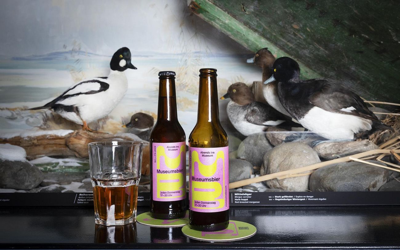 Zwei Bierflaschen und ein gefülltes Bierglas stehen auf einer Oberfläche vor einem grossformatigen Foto von Vögeln an einem Gewässer. Im Hintergrund sind Steine, Wasser und mehrere Wasservögel zu sehen.