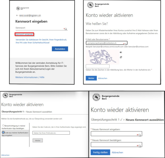 4 Screenshots des Vorgehens bei "Passwort vergessen"