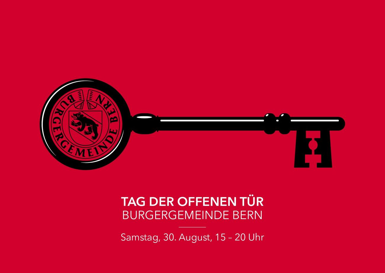 Plakat zum Tag der offenen Tür der Burgergemeinde Bern, gestaltet mit einem großen schwarzen Schlüssel auf rotem Hintergrund.