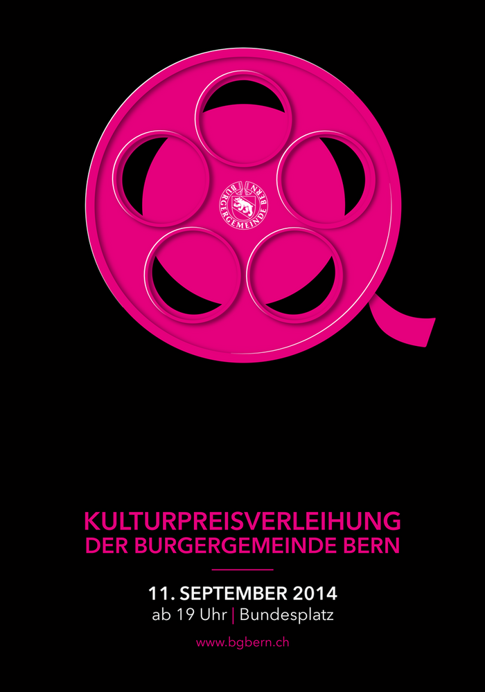 Plakat für die Kulturpreisverleihung der Burgergemeinde Bern mit einer pinken Filmrolle auf schwarzem Hintergrund