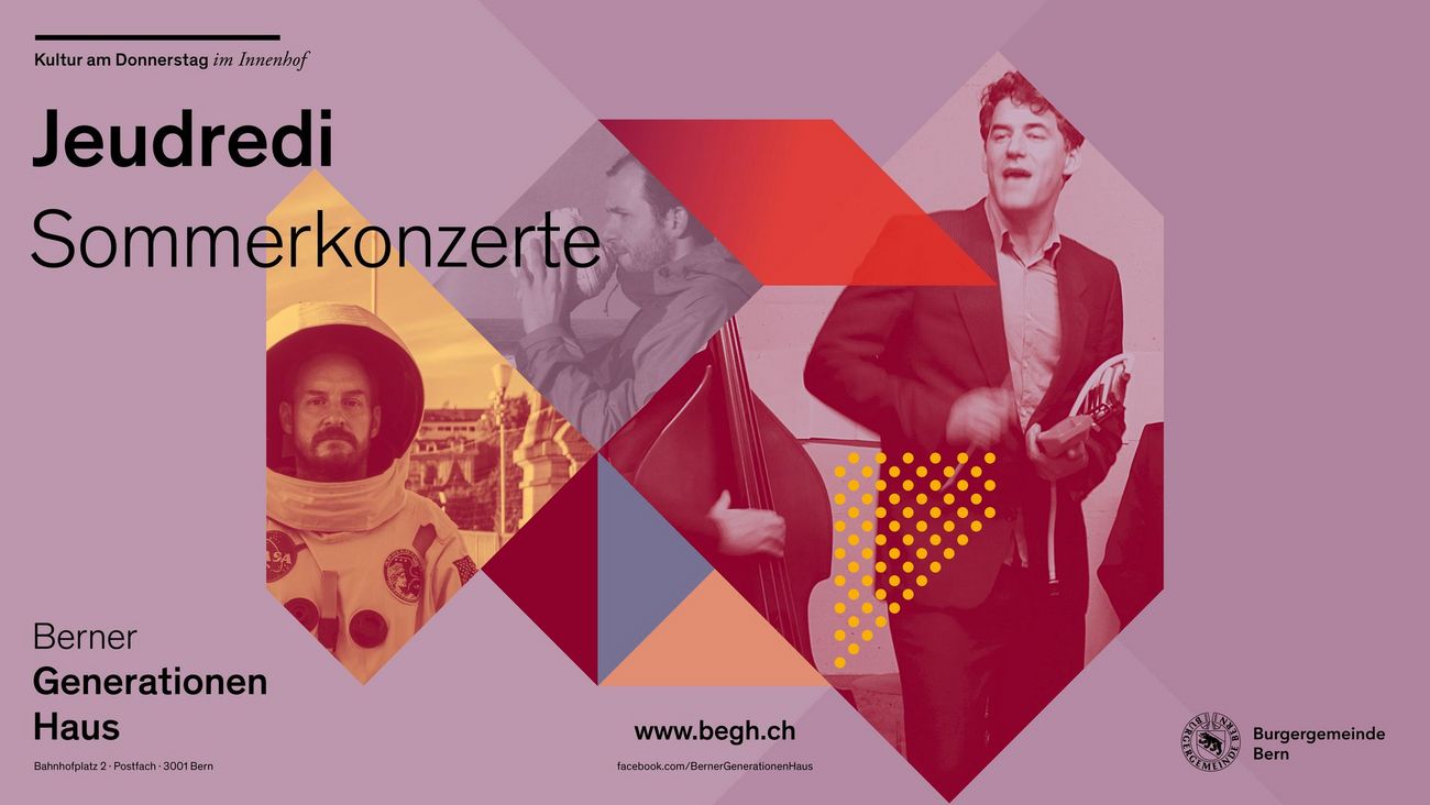 Plakat für die Jeudredi Somerkonzerte des Berner Generationenhauses mit grafischen Formen und Musiker‑Motiven.