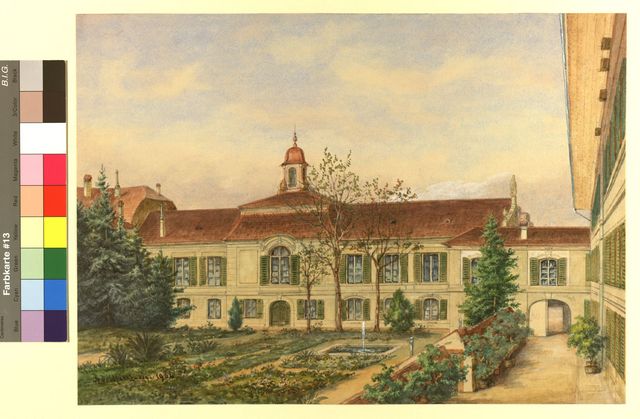 Gemälde mit Gebäude im Hintergrund und Garten im Vordergrund
