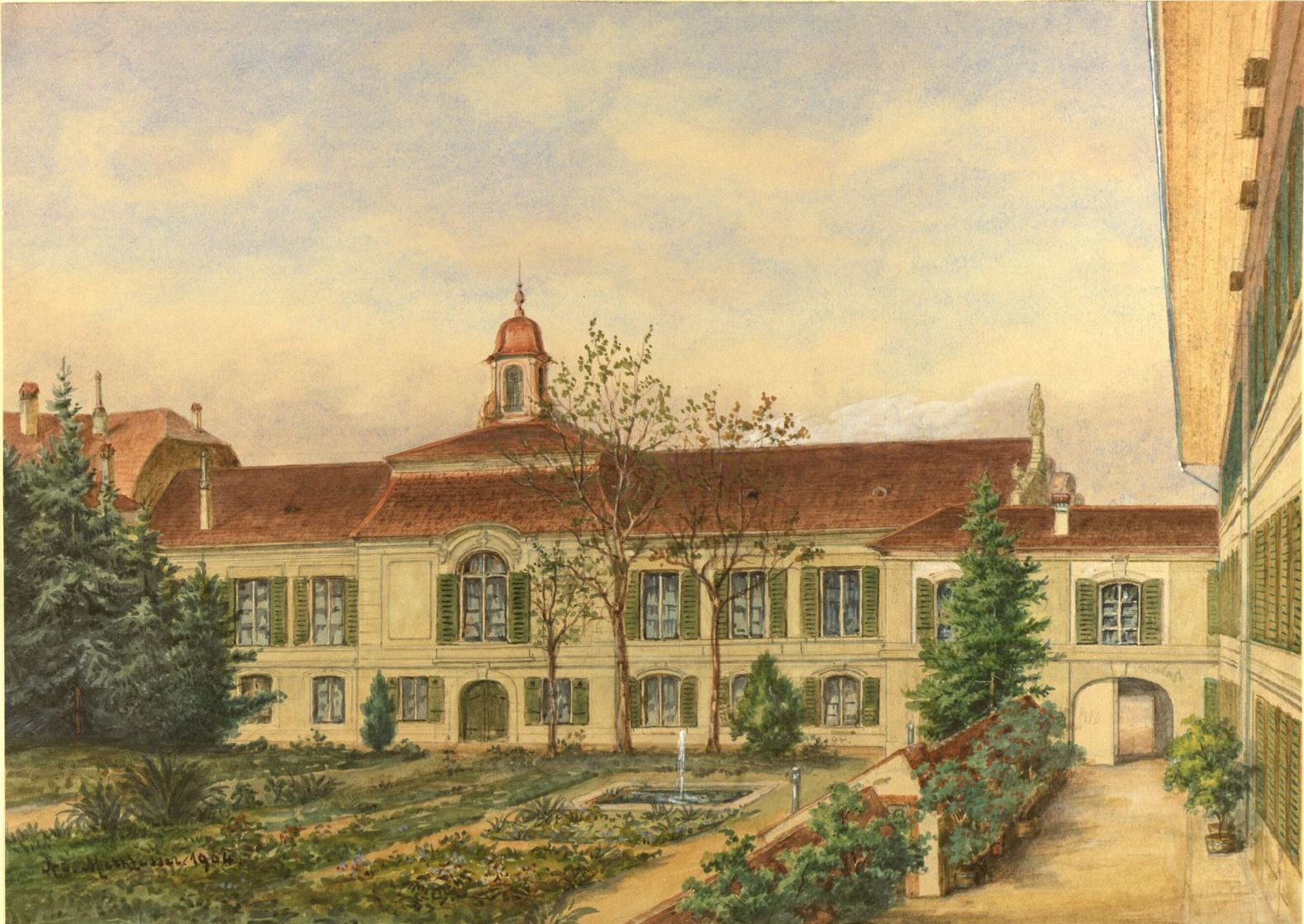 Gemälde mit Gebäude im Hintergrund und Garten im Vordergrund