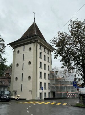 Man sieht Turm der Felsenburg mit einem Gerüst eingedeckt