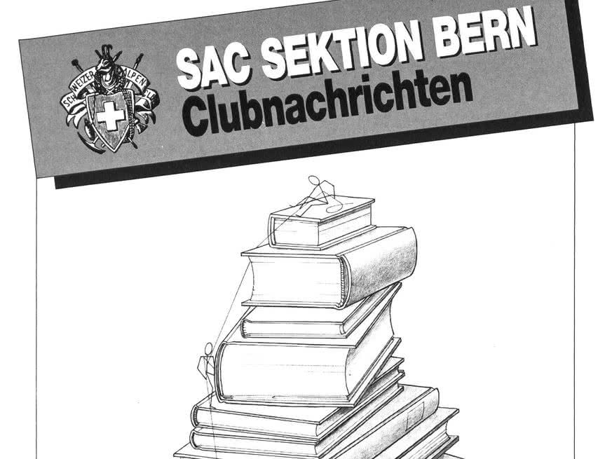 Bild zeigt eine Zeichnung eines Bücherstapels. Das Bild entspricht dem Titelblatt der Zeitschrift SAC-Sektion Bern Clubnachrichten vom Mai/Juni 1986.