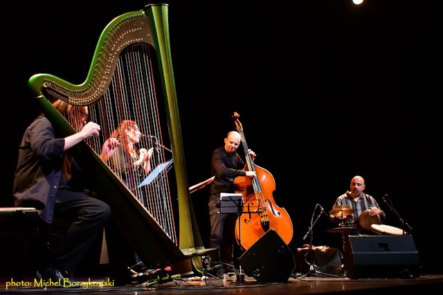 Eine Musikgruppe spielt auf einer dunkel beleuchteten Bühne mit Harfe, Gesang, Kontrabass und Handtrommeln. Verschiedene Musikinstrumente und Kabel sind im Vordergrund sichtbar.