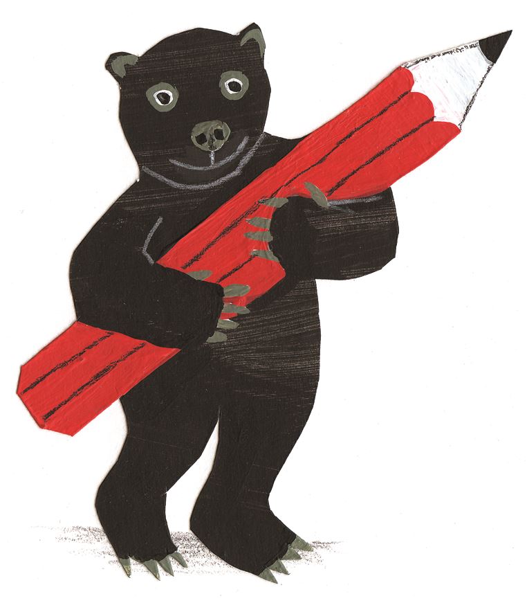 Illustration eines schwarzen Bären, der einen großen roten Bleistift hält.