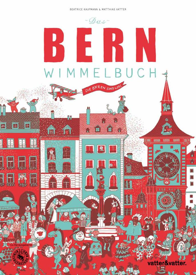 Illustration des ‘Bern Wimmelbuchs’ mit zahlreichen Figuren, Häusern der Altstadt, der Zytglogge und vielen bunten Details in Rot und Türkis.