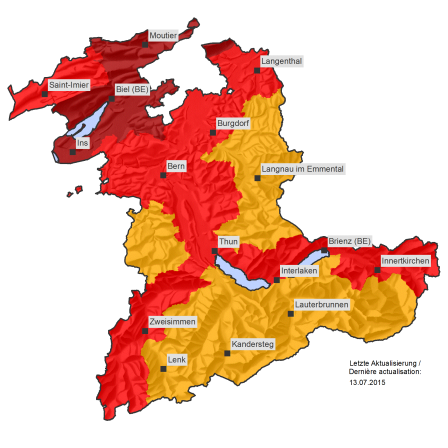 Karte des Kantons Bern mit rot und gelb markierten Regionen und Ortsnamen wie Bern, Thun, Interlaken und Biel.