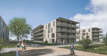 Computergeneriertes Bild von modernen Wohnhäusern mit Grünflächen und spielenden Kindern.