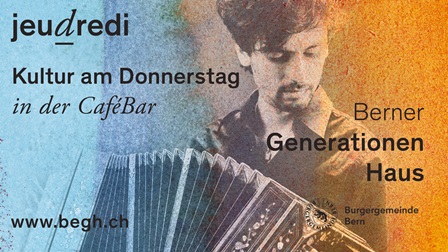 Werbeplakat für eine Kulturveranstaltung in der CaféBar des Berner Generationenhauses, gestaltet mit farbigem Hintergrund und einem Musikmotiv.