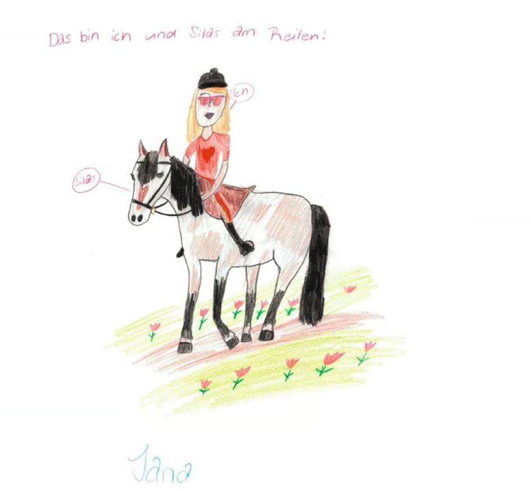 Zeichnung von Jana wie sie mit ihrem Therapiepferd ausreitet.