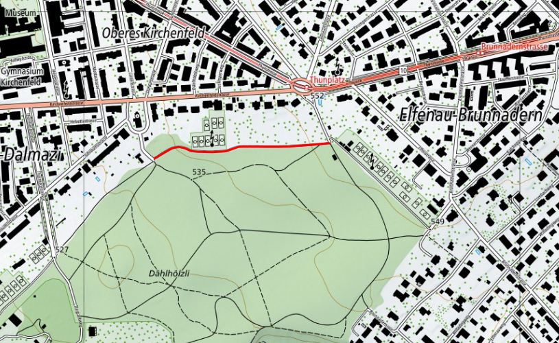 Kartenausschnitt Dählhölzli mit rotmarkiertem Fuss- und Veloweg