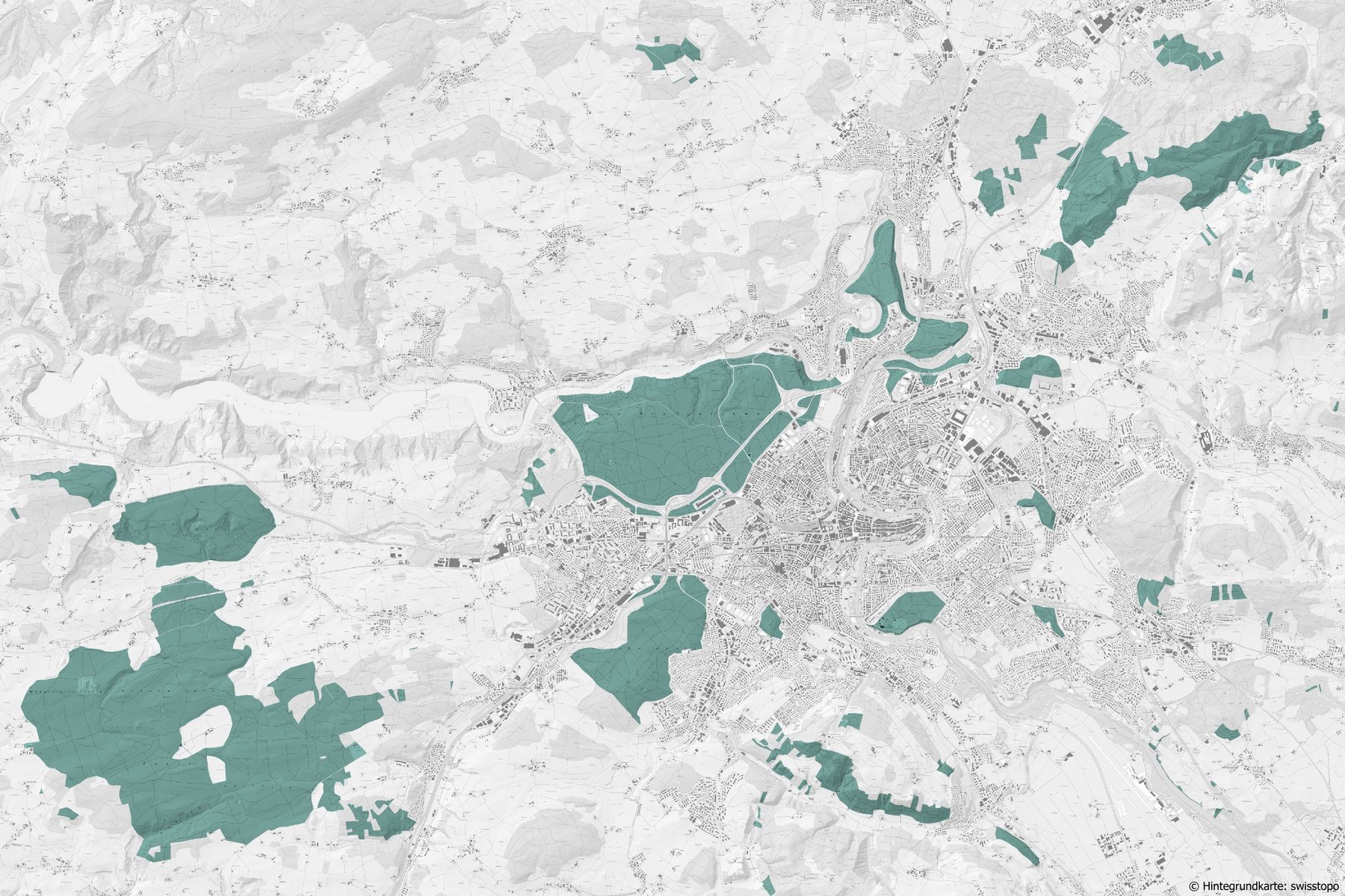 Ausschnitt aus topografischer Landeskarte mit Waldgebieten Forst und Stadt Bern